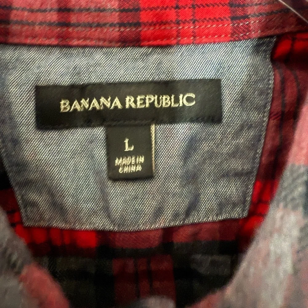 Banana Republic Shirt Plaid Flannel 100% Cotton Button Down Red Gray Size Large